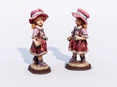 Decorative Girl Figurine Set With Pink Hats Dresses And Brown Bases 3d model