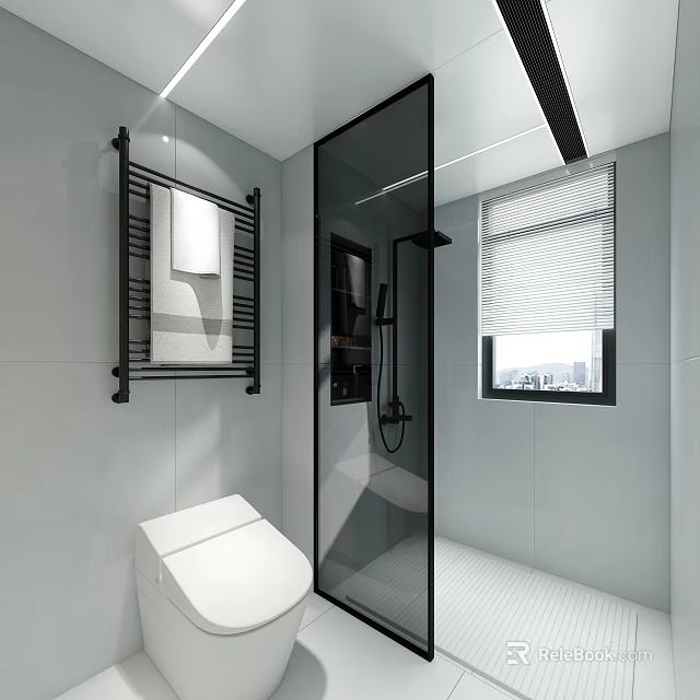 Modern Minimalist Light Grey Tiled Bathroom Interior With Glass Shower Partition And Smart Toilet Design 3d model 