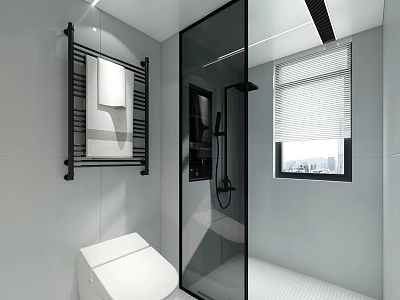Modern Minimalist Light Grey Tiled Bathroom Interior With Glass Shower Partition And Smart Toilet Design 3d model
