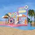 Summer Beach Photo Check In Spot With Vibrant Flowers Lifebuoy Umbrellas And Palm Trees