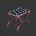 Elegant Classic Stool with Blue Striped Cushion Golden Decorations and Black Frame Curved Legs