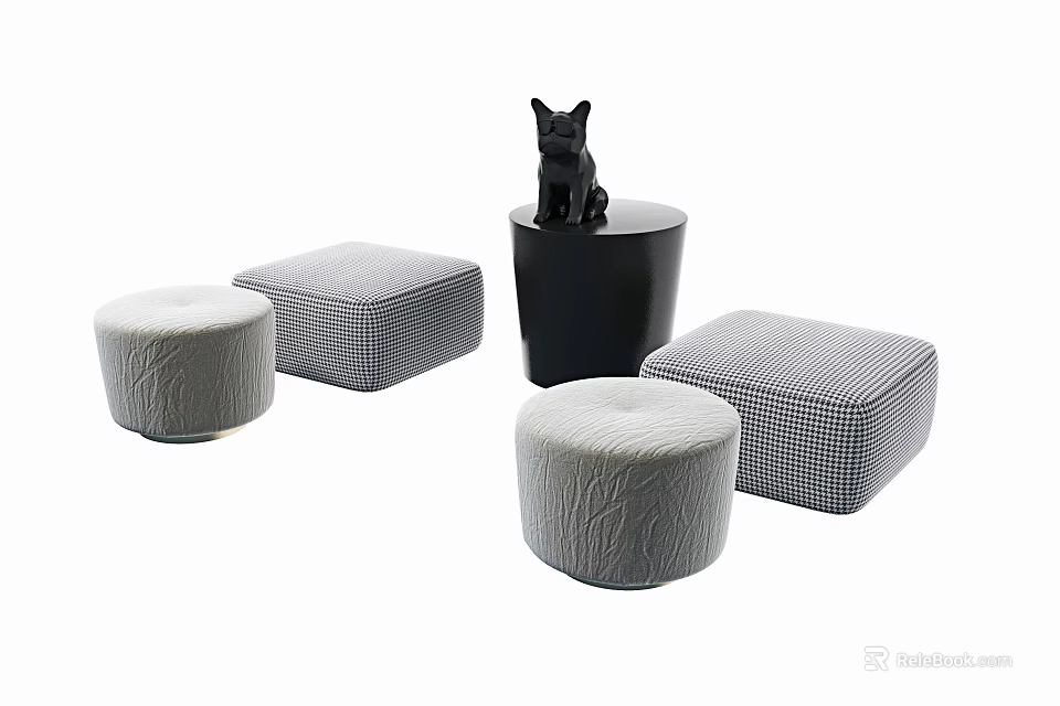 Stylish Footstools With Textured Fabric And Checkered Patterns Featuring Black Cat Figurine On Cylindrical Base 3d model 