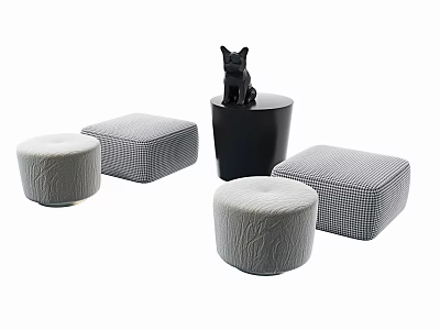 Stylish Footstools With Textured Fabric And Checkered Patterns Featuring Black Cat Figurine On Cylindrical Base 3d model