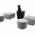 Stylish Footstools With Textured Fabric And Checkered Patterns Featuring Black Cat Figurine On Cylindrical Base