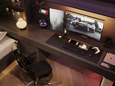 Modern Entertainment Room With Dual Monitors Car Game Screen Keyboard And Game Controller 3d model