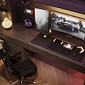 Modern Entertainment Room With Dual Monitors Car Game Screen Keyboard And Game Controller
