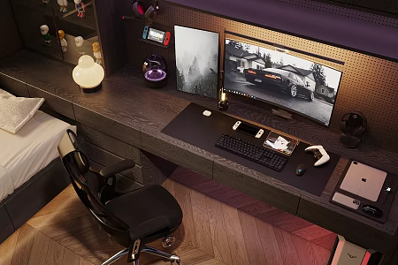 Modern E-sports Room Audio Headphones Keyboard E-sports Room Computer Room Desktop Screen E-sports Chair Leisure Chair Swivel Chair Hand-held Ornaments Combination 3d model
