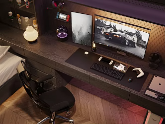 Modern E-sports Room Audio Headphones Keyboard E-sports Room Computer Room Desktop Screen E-sports Chair Leisure Chair Swivel Chair Hand-held Ornaments Combination 3d model