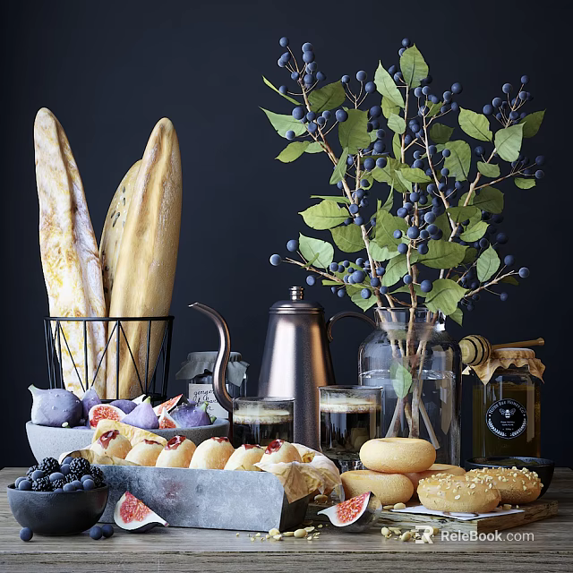 Fresh Baguettes Blueberries And Doughnuts With Teapot Glass Cups And Jam Jar 3d model 