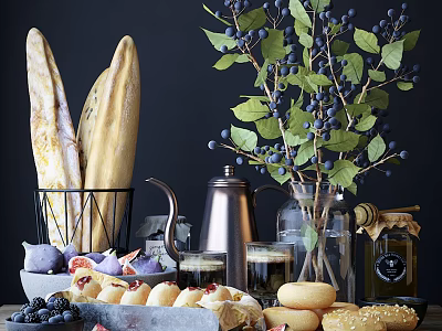 Fresh Baguettes Blueberries And Doughnuts With Teapot Glass Cups And Jam Jar 3d model