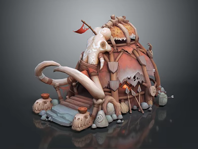 Fantasy Carved Sculpture Structure With Curved Tusk Bone Ornaments Steps And Torches 3d model