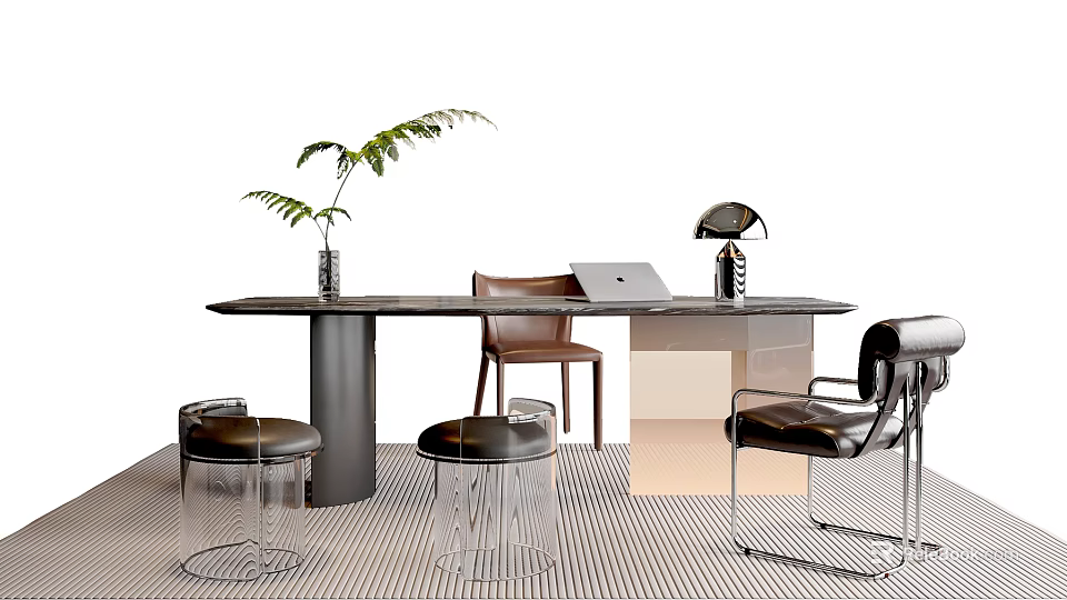 Modern Table And Chair Set With Brown Chairs Transparent Stools Green Plant And Table Lamp 3d model 