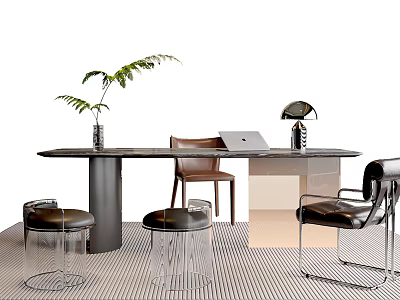 Modern Table And Chair Set With Brown Chairs Transparent Stools Green Plant And Table Lamp 3d model