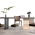 Modern Table And Chair Set With Brown Chairs Transparent Stools Green Plant And Table Lamp