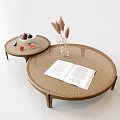 Two Round Rattan Coffee Tables with Open Book Fruits and Pampas Grass Decor