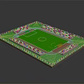 Modern Football Stadium With Green Grass Pitch Red Running Track And Blue Seats