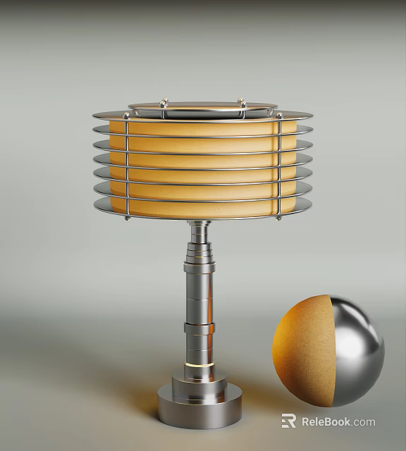 Modern Table Lamp With Silver Metal Frame Yellow Striped Shade And Decorative Sphere 3d model 