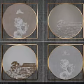 Abstract Paintings In Four Circular Frames With Natural Elements And Gray Background 3d model