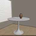White Round Dining Table With Clay Vase On Wooden Floor By Beige Wall And Blinds