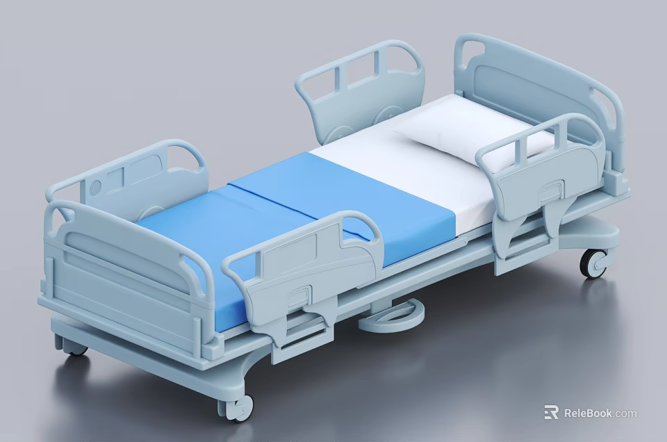 Medical Bed With Adjustable Frame Side Rails Blue White Mattress And Wheels 3d model 