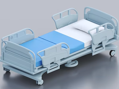 Medical Bed With Adjustable Frame Side Rails Blue White Mattress And Wheels 3d model