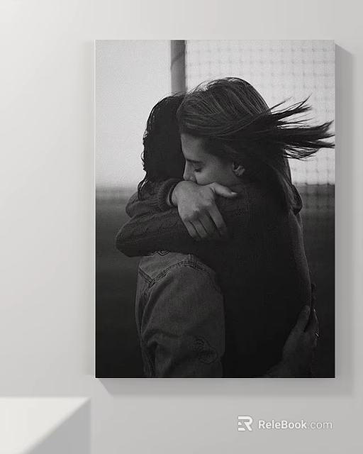 Black And White Figurative Painting Of Two Embracing Figures With Windy Hair And Outdoor Background 3d model 