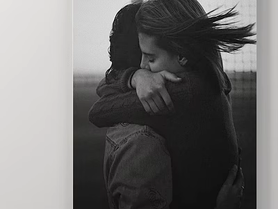 Black And White Figurative Painting Of Two Embracing Figures With Windy Hair And Outdoor Background 3d model