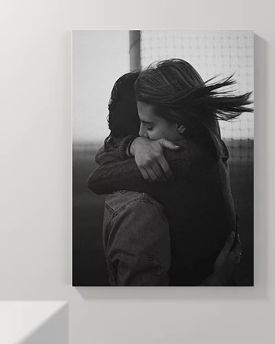 Black And White Figurative Painting Of Two Embracing Figures With Windy Hair And Outdoor Background 3d model