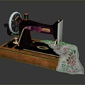 Vintage Sewing Machine Wooden Base Green Thread Spool White Embroidered Cloth with Pink Red Flowers