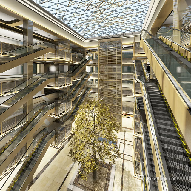 Modern Shopping Mall Lobby With Glass Dome Ceiling Central Tree And Multiple Escalators 3d model 