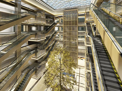 Modern Shopping Mall Lobby With Glass Dome Ceiling Central Tree And Multiple Escalators 3d model