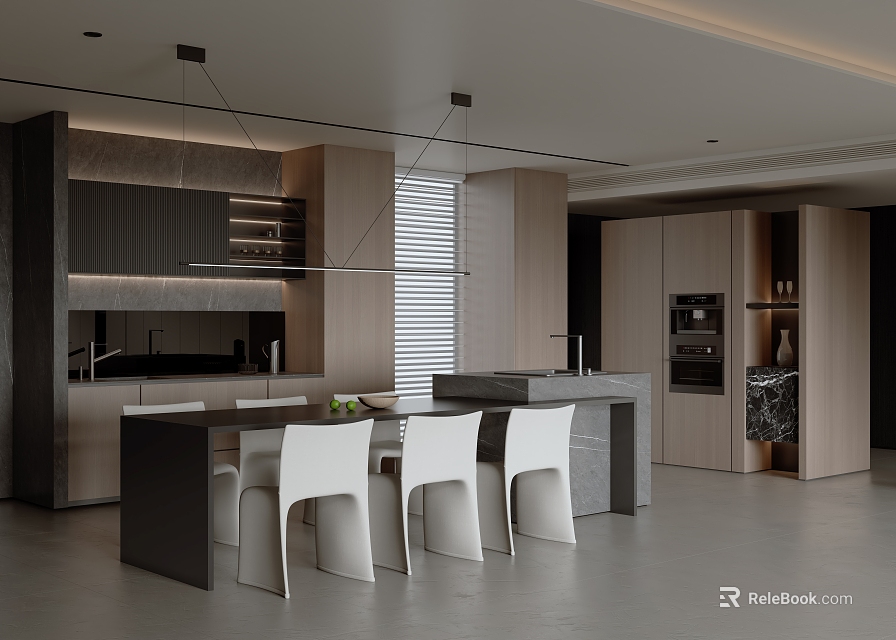 Modern Restaurant Open Kitchen Interior With Island Counter White Chairs And Cabinets 3d model 