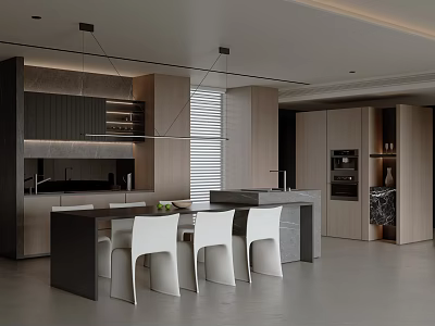 Modern Restaurant Open Kitchen Interior With Island Counter White Chairs And Cabinets 3d model