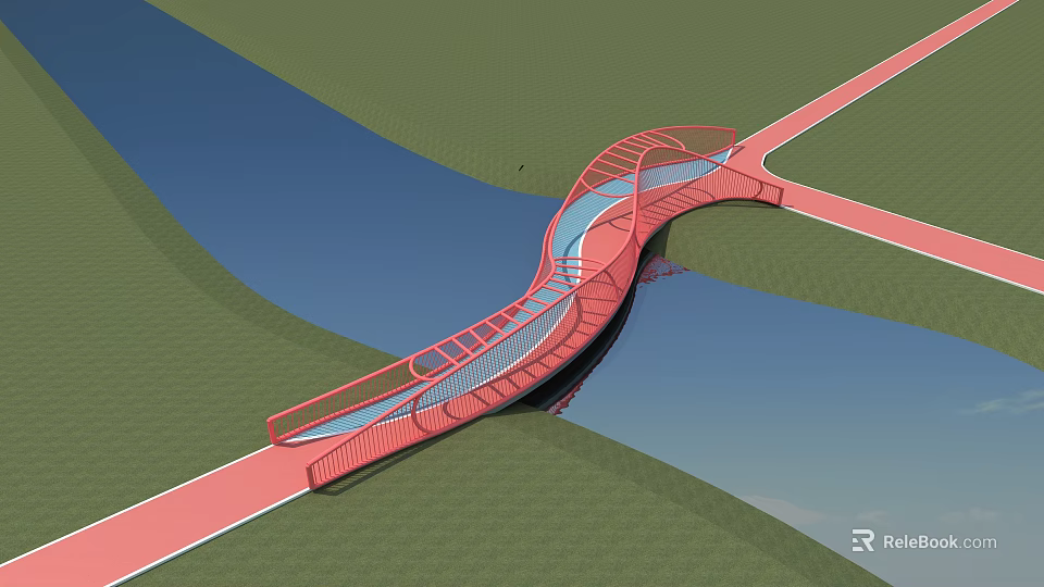 Red Curved Bridge Over Water Connecting Green Land And Red Paths With Railings 3d model 