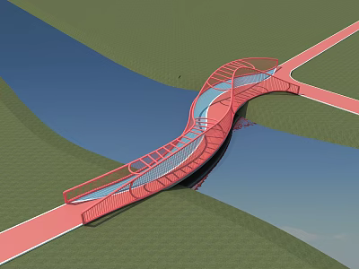 Red Curved Bridge Over Water Connecting Green Land And Red Paths With Railings 3d model