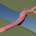 Red Curved Bridge Over Water Connecting Green Land And Red Paths With Railings