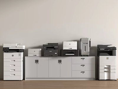 Modern Office Appliances Setup With Multiple Printers On Storage Cabinets 3d model