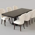 Modern Dark Rectangular Dining Table Set With Six White Upholstered Chairs 3d model