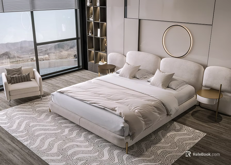 Elegant Modern Bedroom Interior With Double Bed Beige Bedding Circular Mirror And Wave Pattern Rug 3d model 