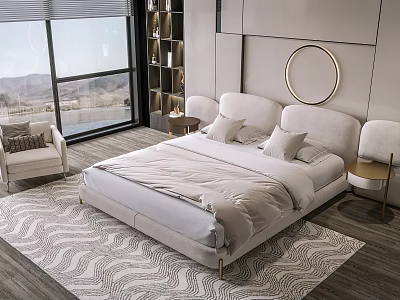 Elegant Modern Bedroom Interior With Double Bed Beige Bedding Circular Mirror And Wave Pattern Rug 3d model