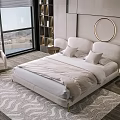Elegant Modern Bedroom Interior With Double Bed Beige Bedding Circular Mirror And Wave Pattern Rug