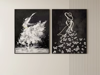 Black and White Figurative Paintings Featuring Dancing Female Figure and Hatted Silhouette with Butterflies 3d model