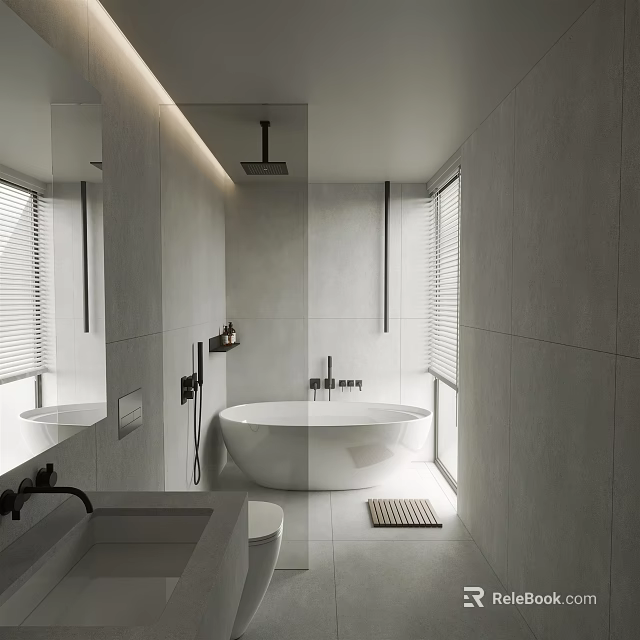 Modern Light Gray Bathroom With White Bathtub Shower Area And Windows 3d model 