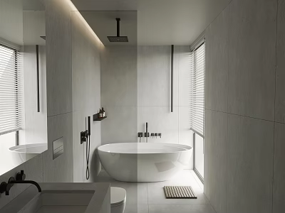 Modern Light Gray Bathroom With White Bathtub Shower Area And Windows 3d model