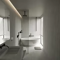 Modern Light Gray Bathroom With White Bathtub Shower Area And Windows