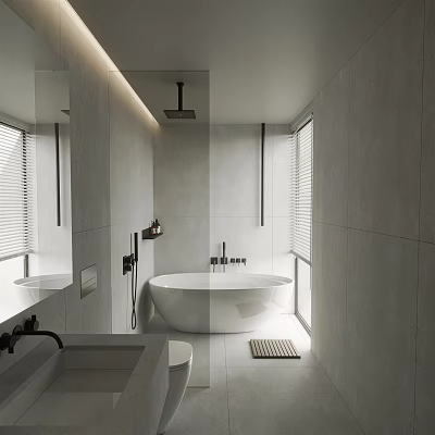 Modern Light Gray Bathroom With White Bathtub Shower Area And Windows 3d model