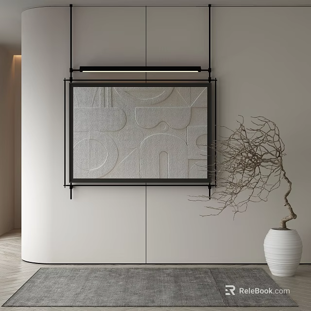Textured Geometric Artwork With Black Frame And White Vase With Dried Branches In Modern Interior 3d model 