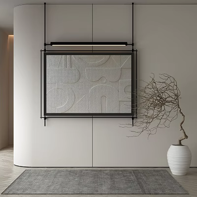 Textured Geometric Artwork With Black Frame And White Vase With Dried Branches In Modern Interior 3d model