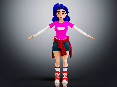 3D Animated Character With Blue Hair Pink T-shirt Red Plaid Shirt And Arms Outstretched 3d model