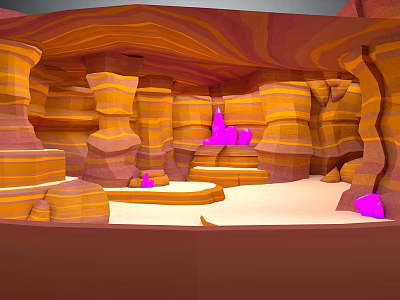 3D Rendered Canyon Terrain With Layered Rock Formations Orange Yellow Colors And Purple Spires 3d model
